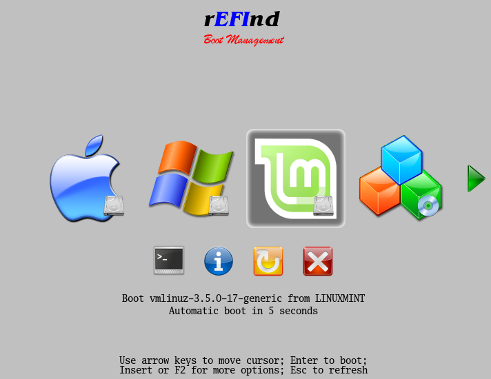 rEFInd presents a GUI menu for selecting your boot
    OS.